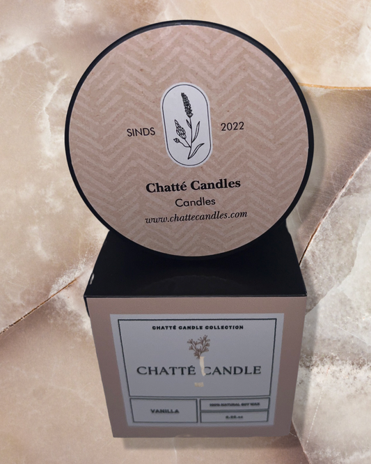 Vanilla Geur luxury scented candle featuring elegant packaging with lavender botanical logo established since 2022. Premium vanilla fragrance in a sophisticated beige and black box design by Chatté Candles