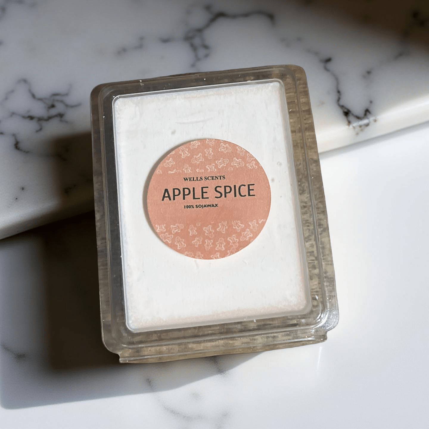 Apple Spice scented wax melts in clear clamshell packaging with soft peach label, by Chatté Candles Ice Cream collection