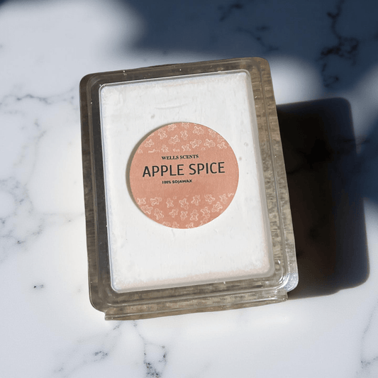 Apple Spice scented wax melt in clear clamshell container with coral label, crisp warm fragrance by Chatté Candles