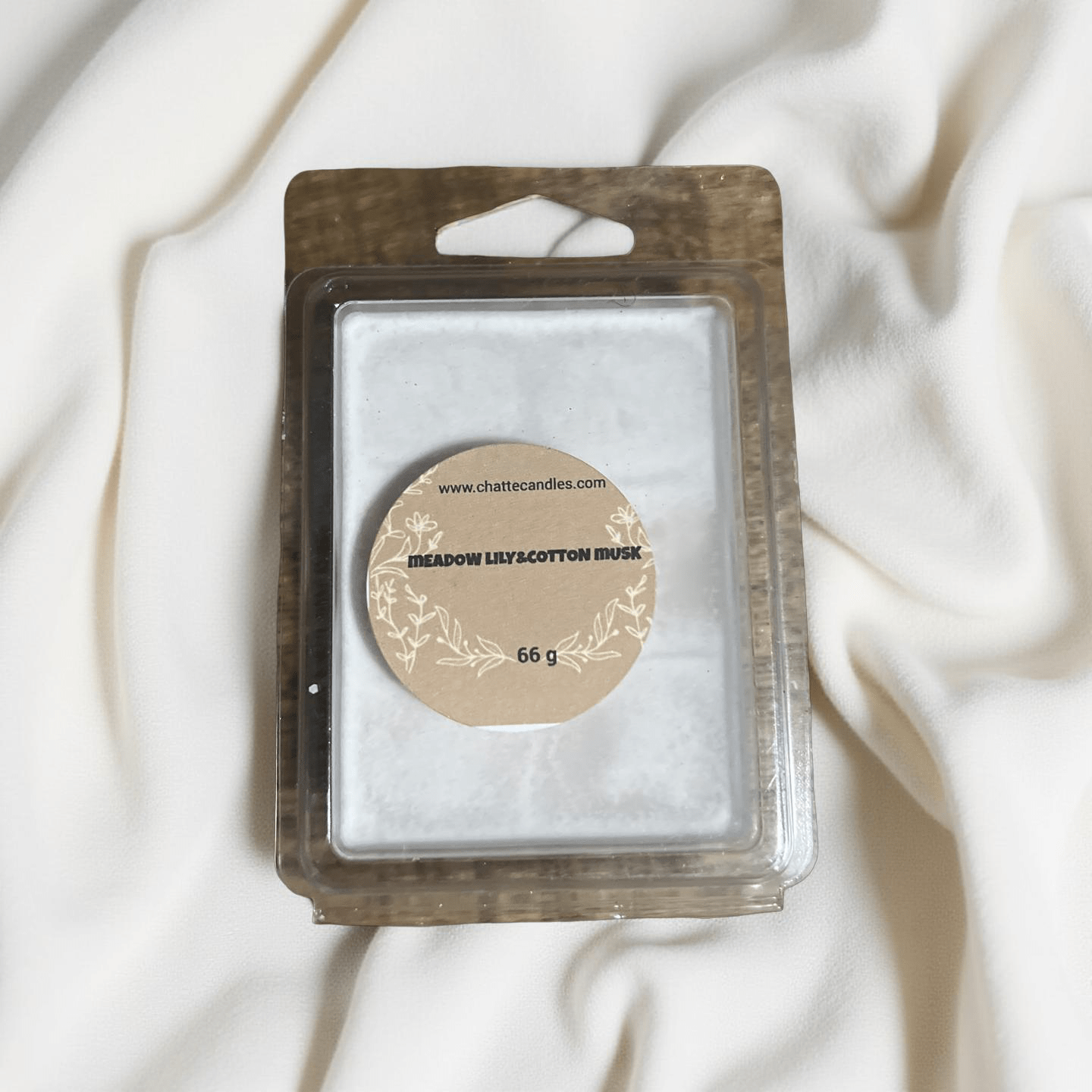 Meadow lily&cotton musk scented wax melts in clear clamshell packaging with kraft paper label, 66g by Mijn winkel