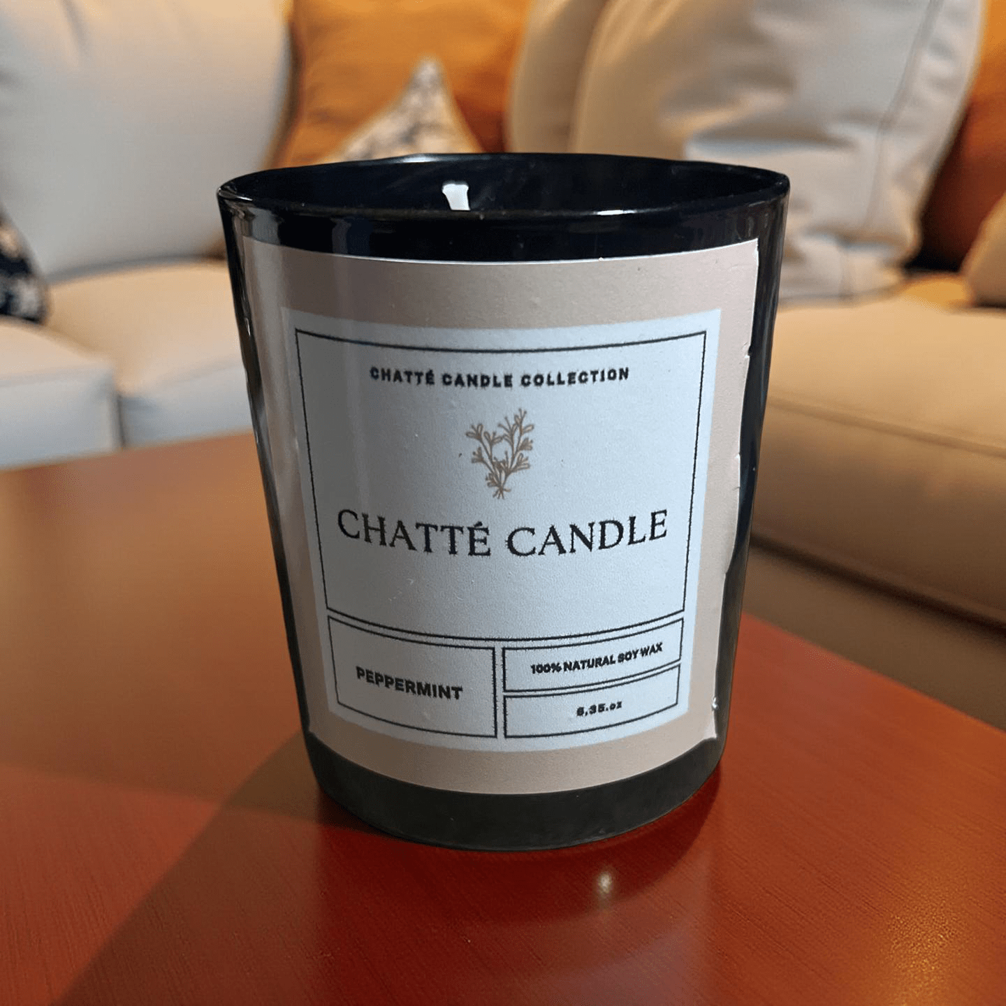 Chatté Candles Peppermint candle in black glass jar with minimalist label, made with 100% natural soy wax for refreshing scent