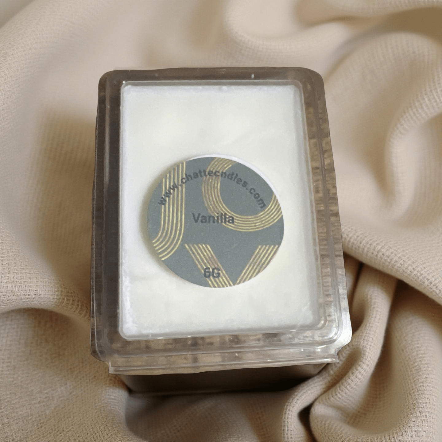 Vanilla scented wax melts in clear plastic clamshell container with modern label by Chatté Candles Ice Cream collection