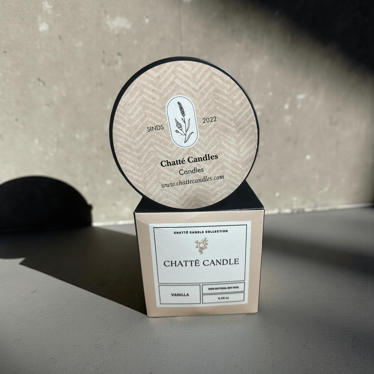 Vanilla candle in beige box with minimalist botanical label, 100% natural soy wax by Chatté Candles, established 2022